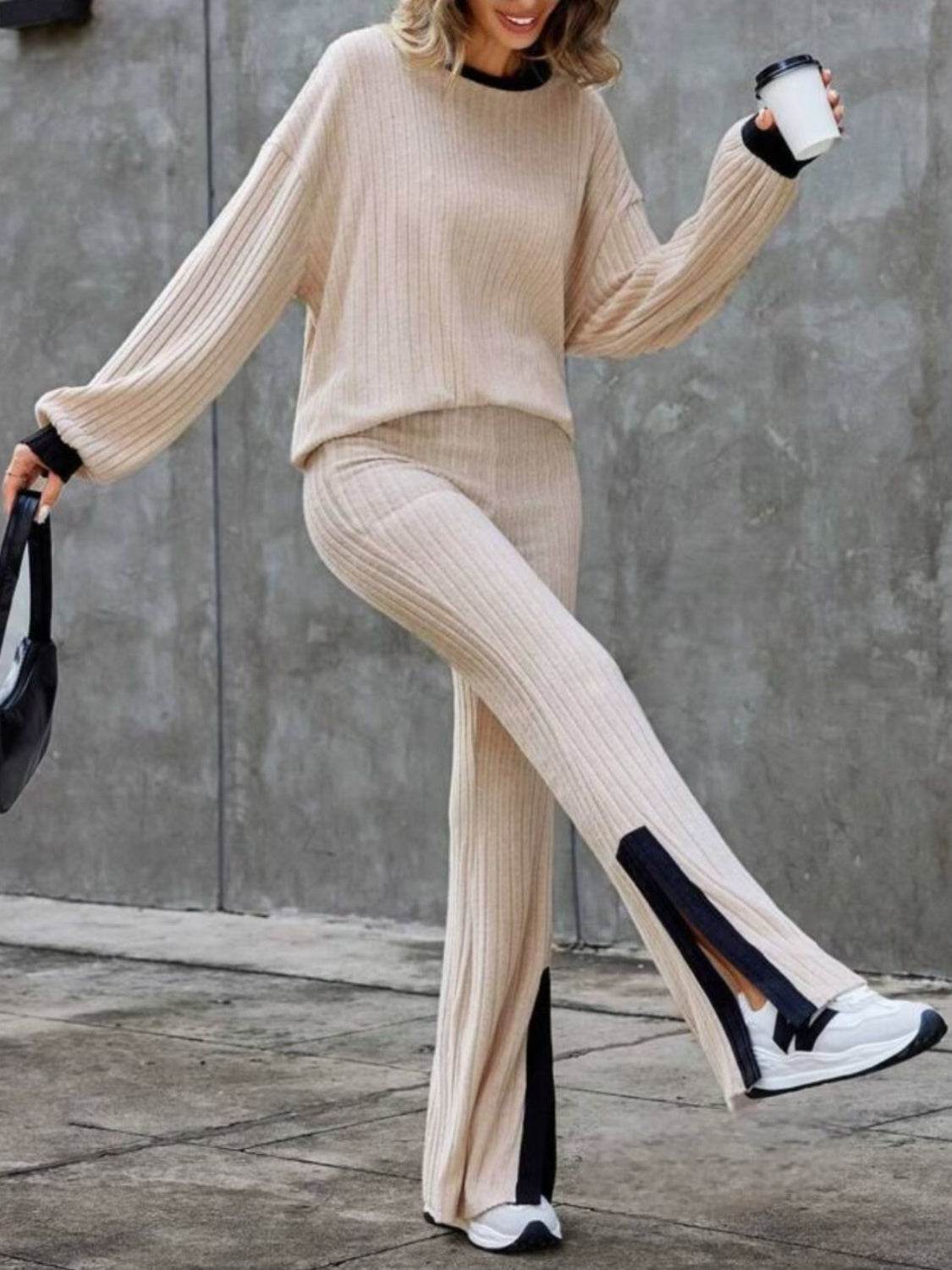 Contrast Round Neck Long Sleeve Top and Bootcut Pants Set - Delanoir