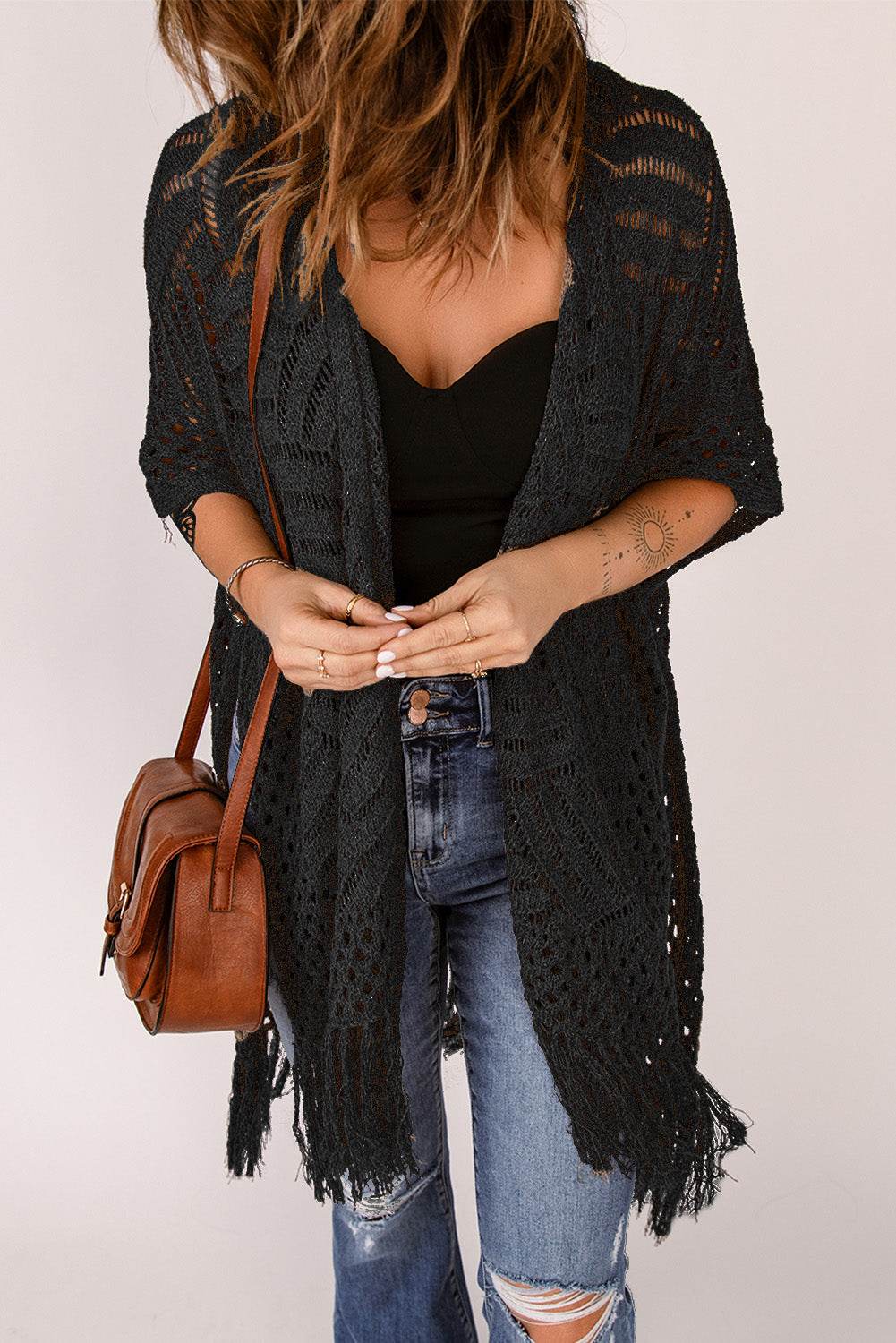 Fringe Hem Slit Open Front Cardigan - Delanoir