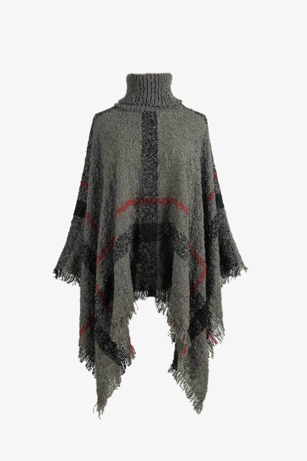 Plaid Turtleneck Raw Hem Poncho - Delanoir