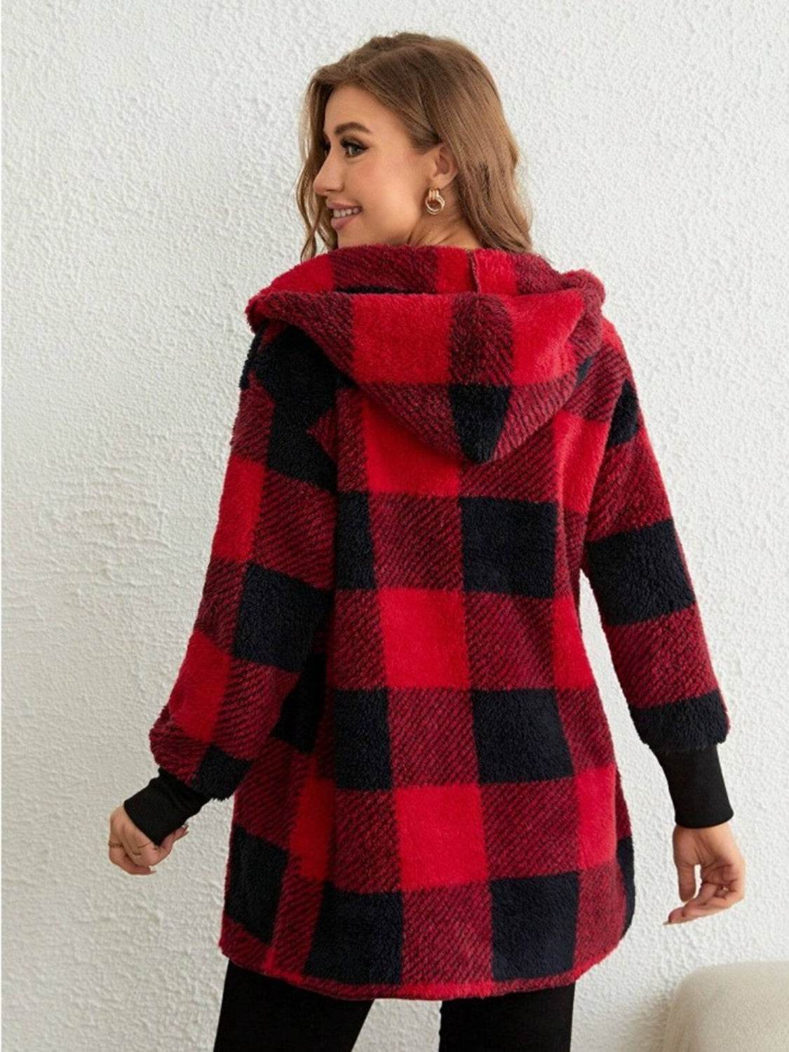 Plaid Long Sleeve Hooded Coat - Delanoir