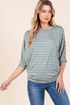 BOMBOM Striped Boat Neck Dolman Sleeve Top - Delanoir