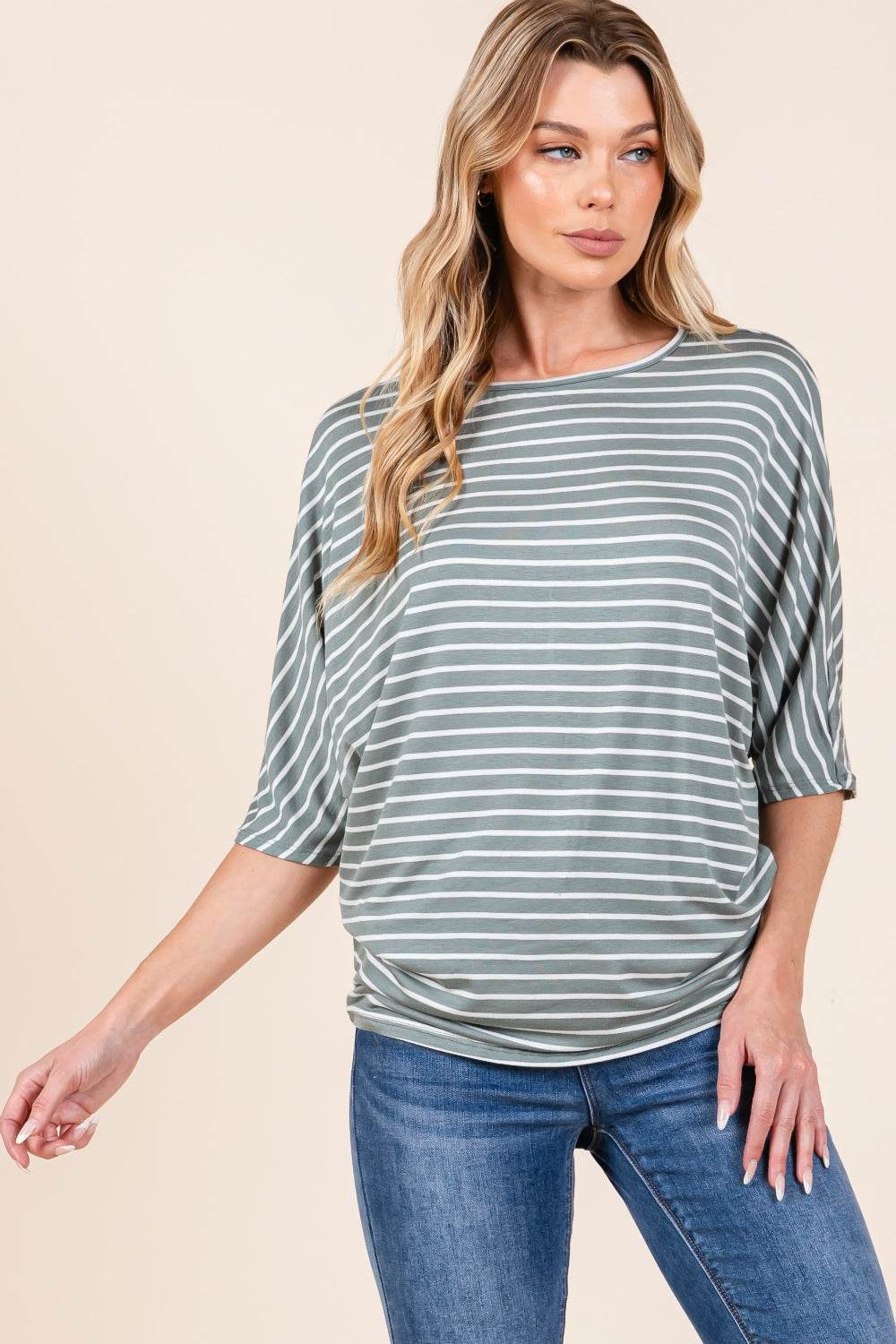 BOMBOM Striped Boat Neck Dolman Sleeve Top - Delanoir