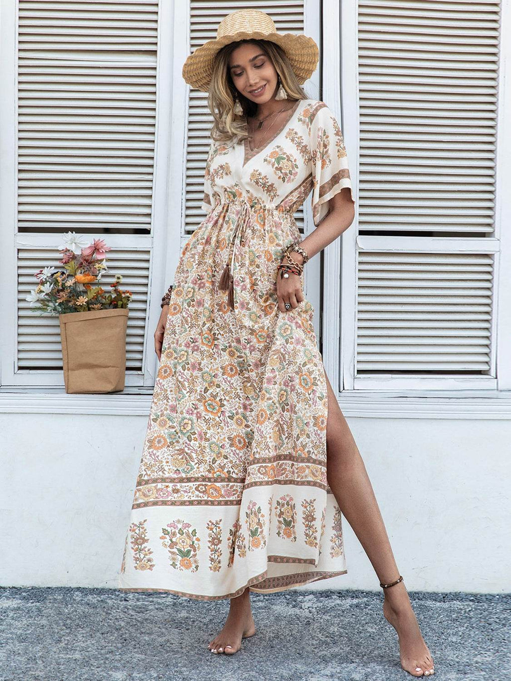 Drawstring Printed Plunge Half Sleeve Dress - Delanoir