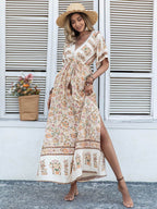 Drawstring Printed Plunge Half Sleeve Dress - Delanoir