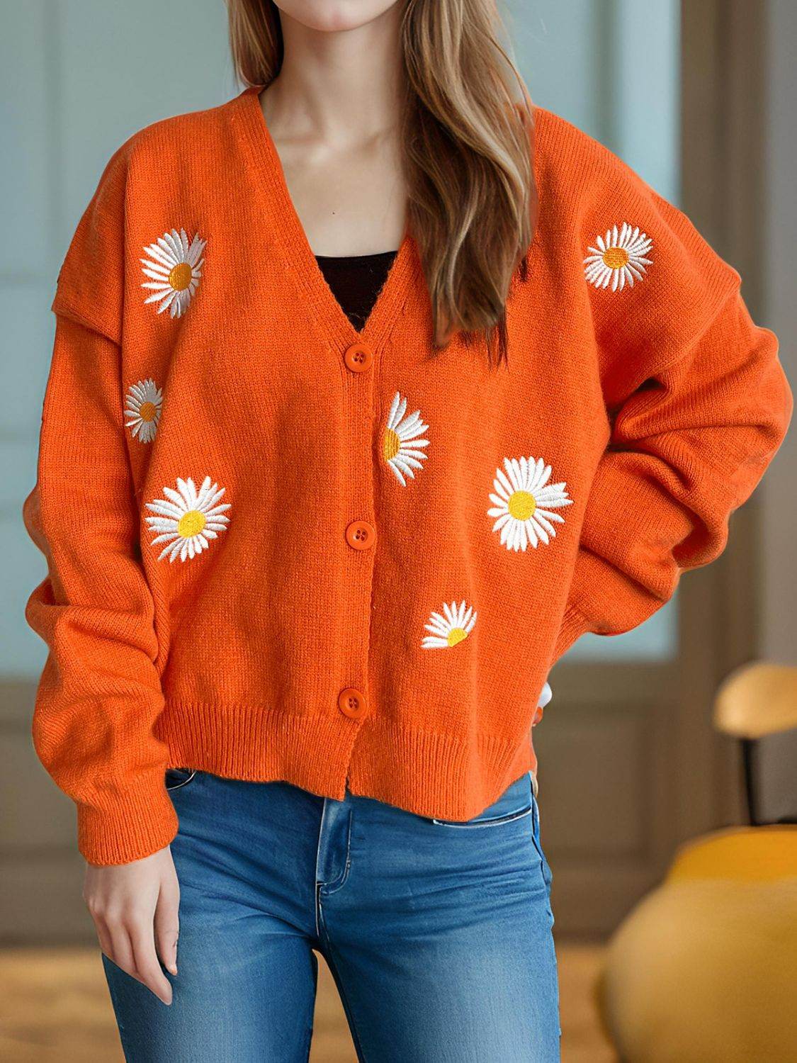 Daisy Button Up V-Neck Cardigan - Delanoir