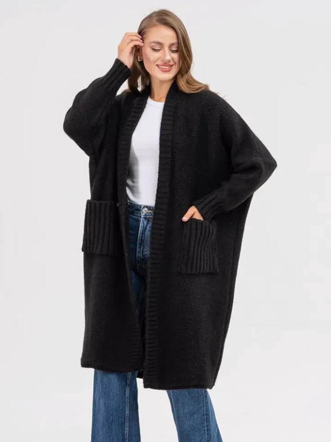 Pocketed Open Front Long Sleeve Longline Cardigan - Delanoir