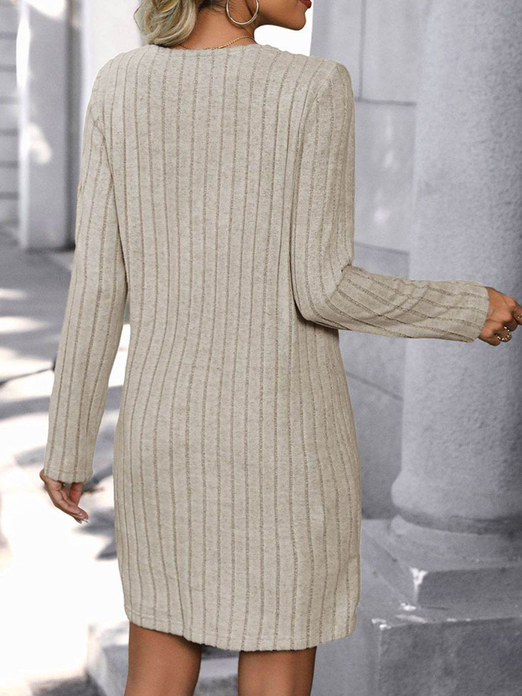 Perfee V-Neck Long Sleeve Knit Dress - Delanoir
