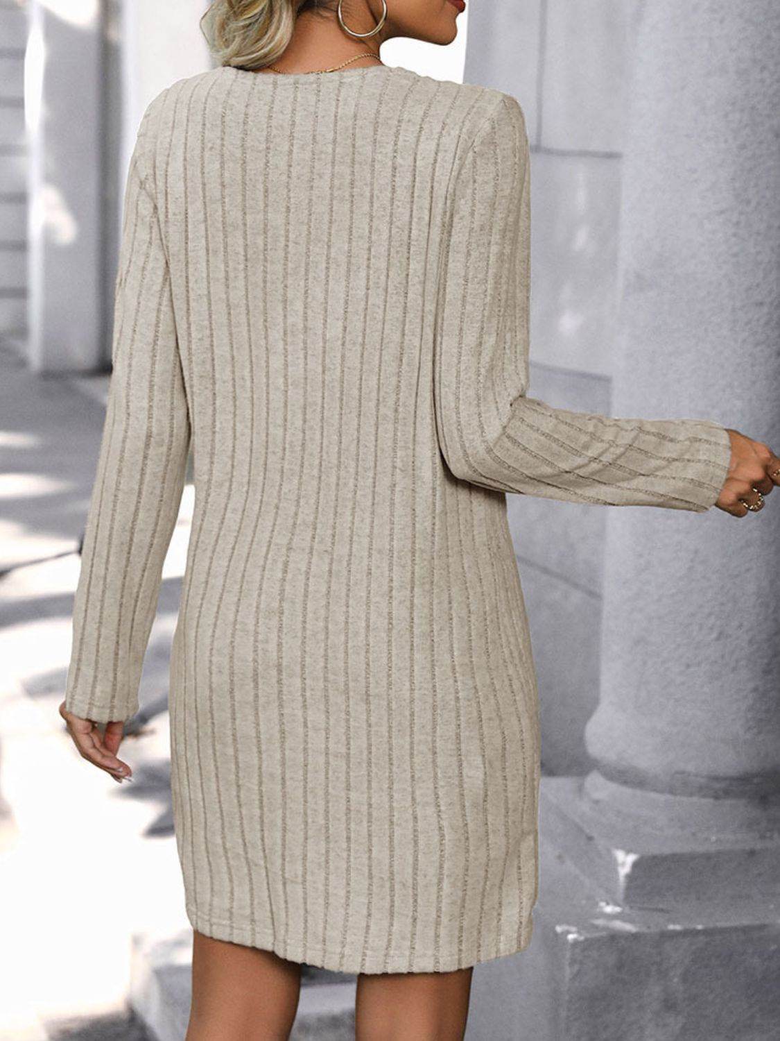 Perfee V-Neck Long Sleeve Knit Dress - Delanoir