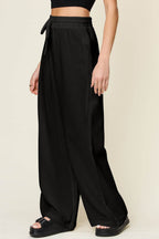 Double Take Full Size Texture Drawstring Wide Leg Pants - Delanoir