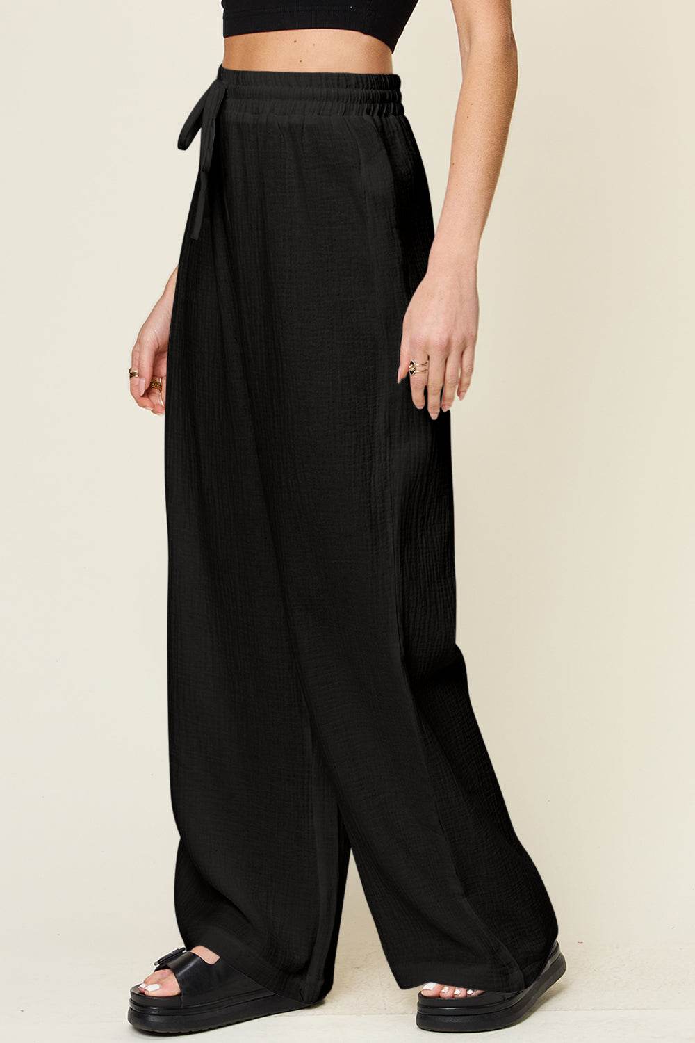 Double Take Full Size Texture Drawstring Wide Leg Pants - Delanoir