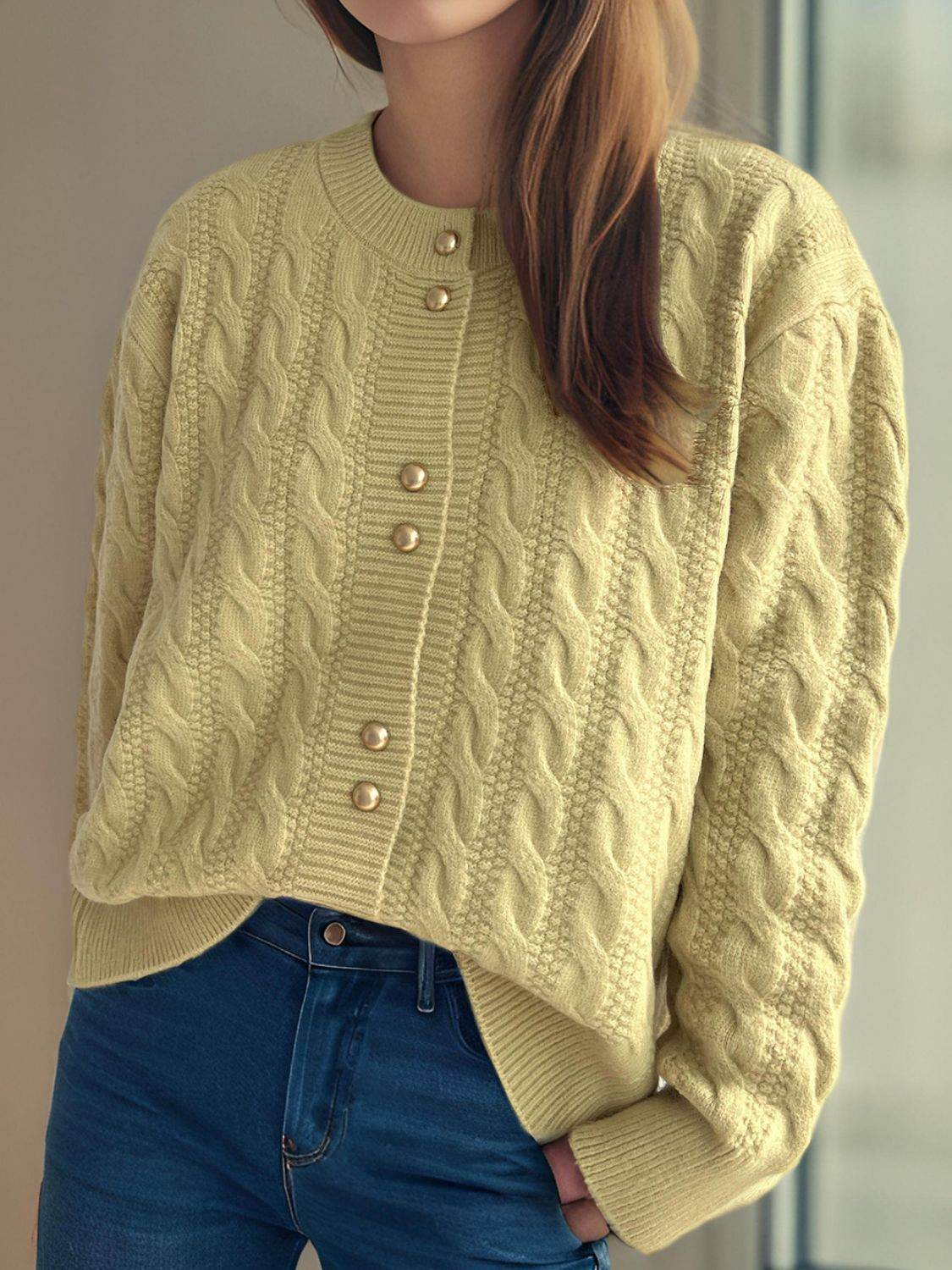 Cable-Knit Round Neck Long Sleeve Cardigan - Delanoir