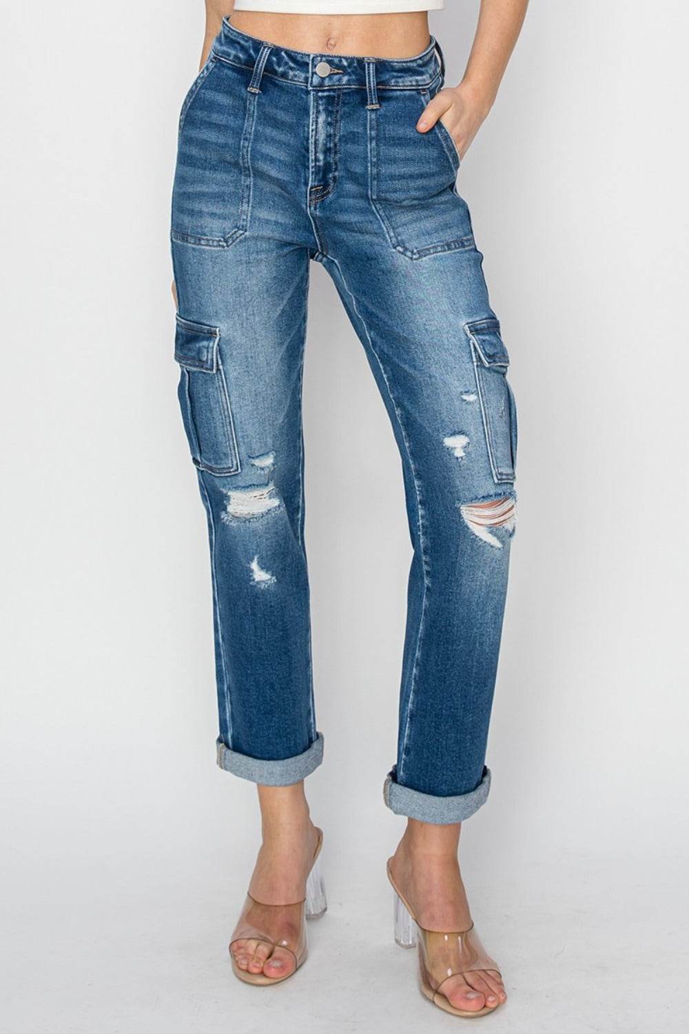 RISEN Full Size High Rise Cargo Ankle Roll Up Straight Jeans - Delanoir