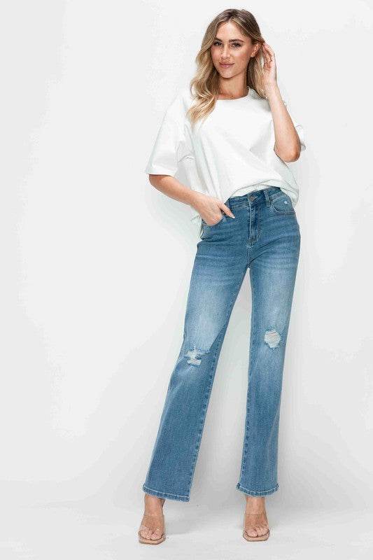 bytos Full Size Distressed High Rise Straight Jeans - Delanoir