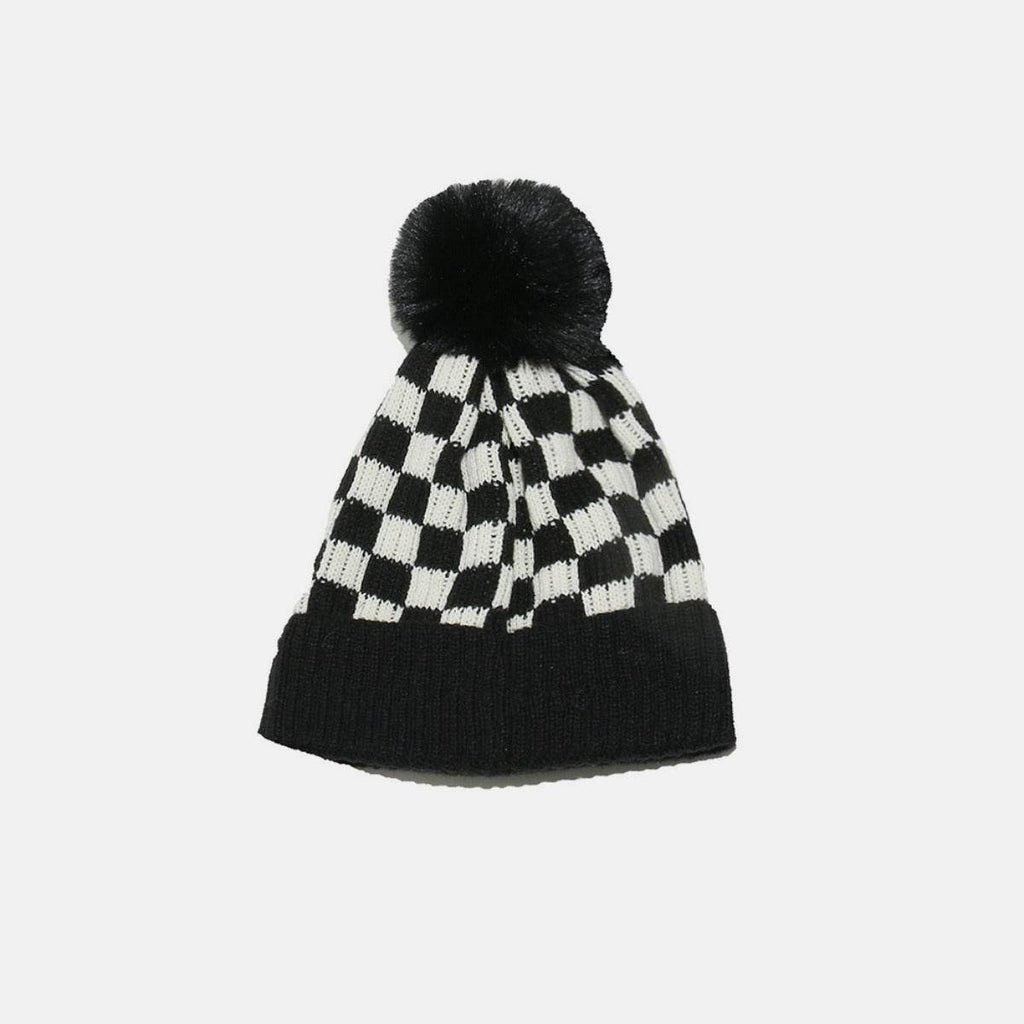 Checkered Knit Hat with Pompom - Delanoir