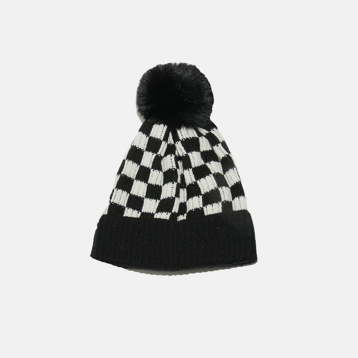 Checkered Knit Hat with Pompom - Delanoir