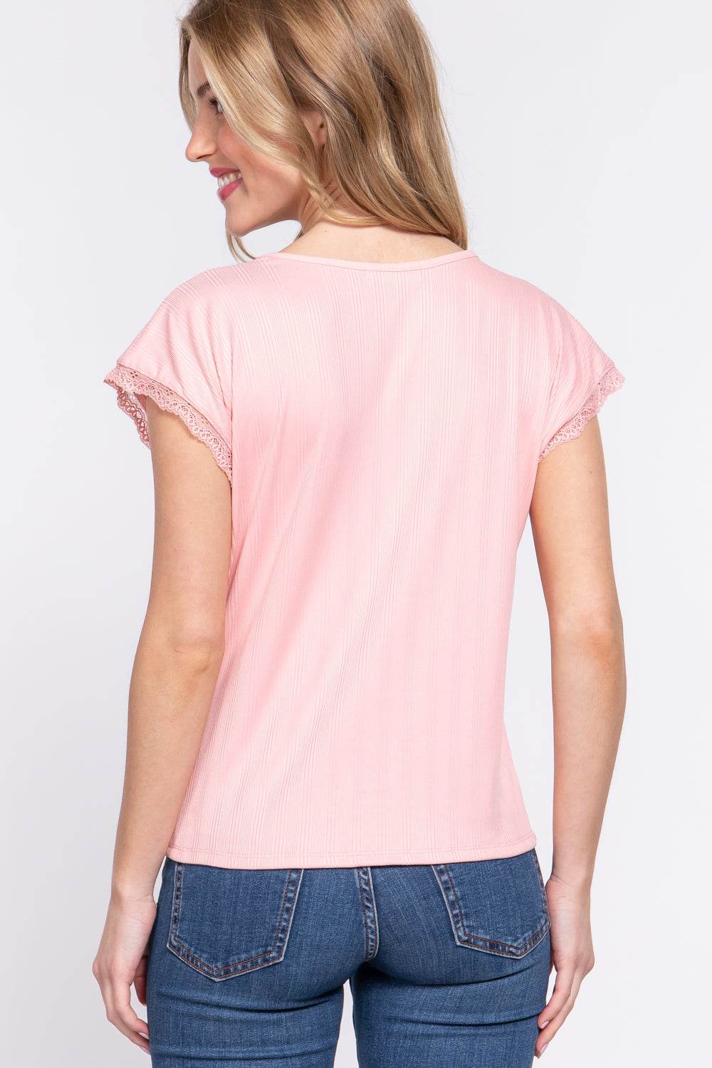 ACTIVE BASIC Lace Trim V-Neck Short Sleeve Ribbed Top - Delanoir