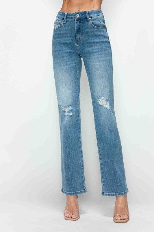 bytos Full Size Distressed High Rise Straight Jeans - Delanoir