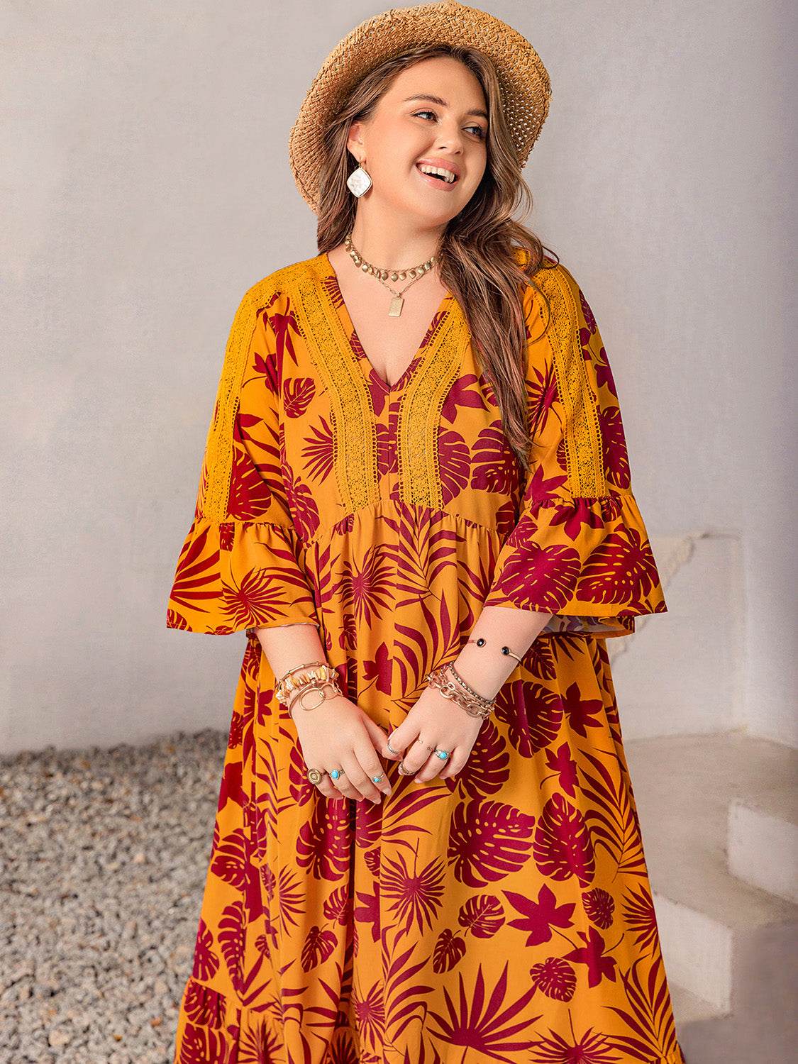 Plus Size Lace Detail Printed V-Neck Maxi Dress - Delanoir