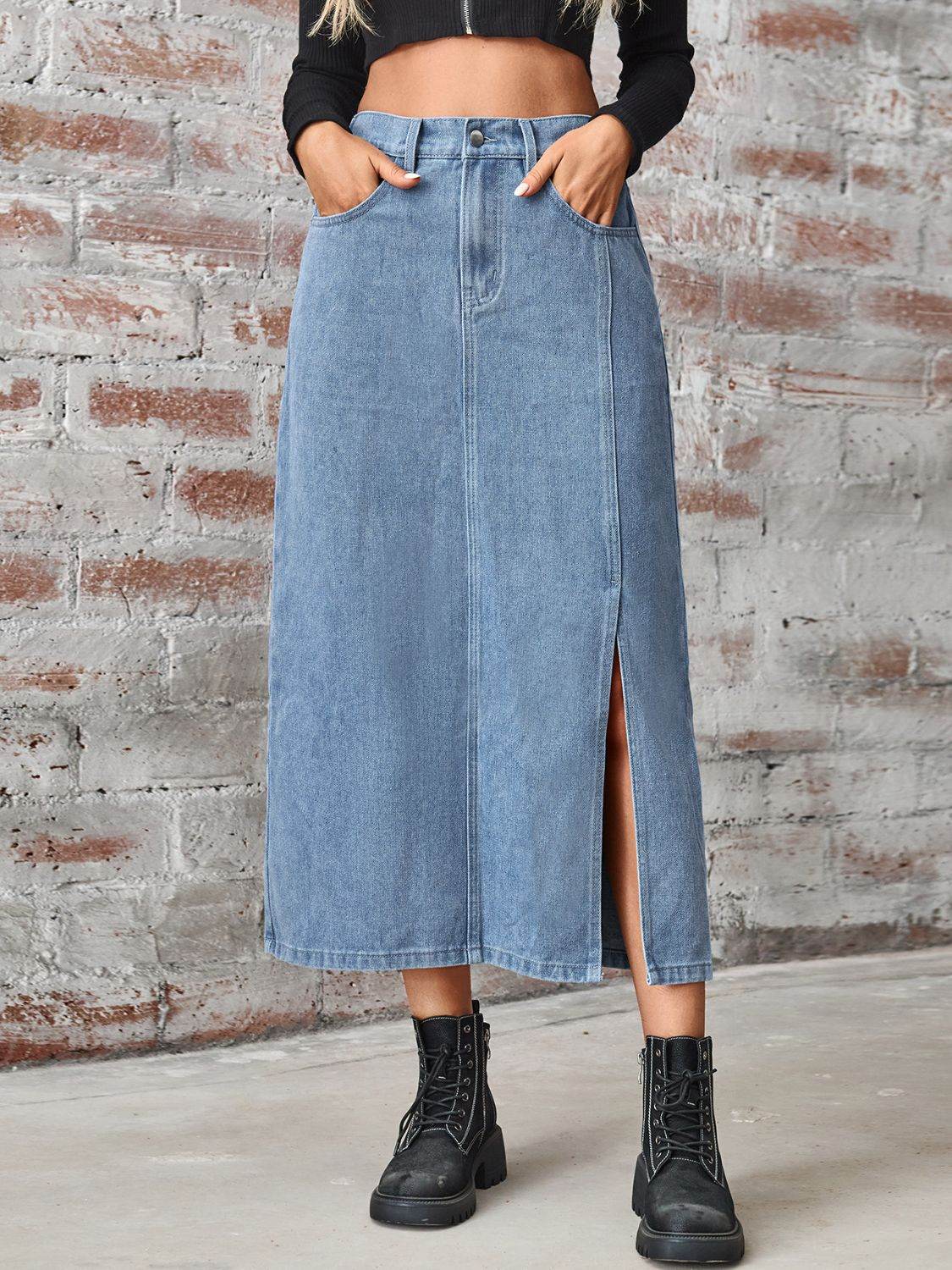 Slit High Waist Denim Skirt with Pockets - Delanoir