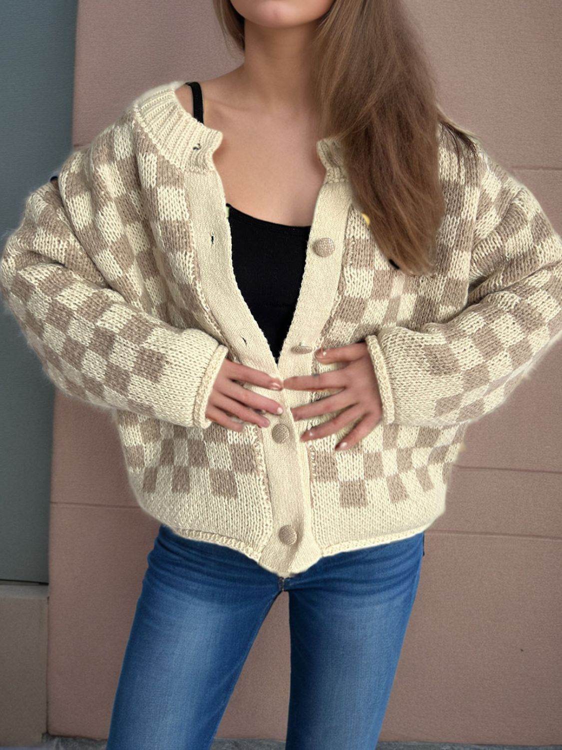 Checkered Button Up Round Neck Cardigan - Delanoir