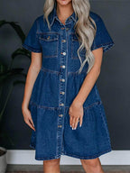 Pocketed Button Up Collared Neck Short Sleeve Denim Dress - Delanoir