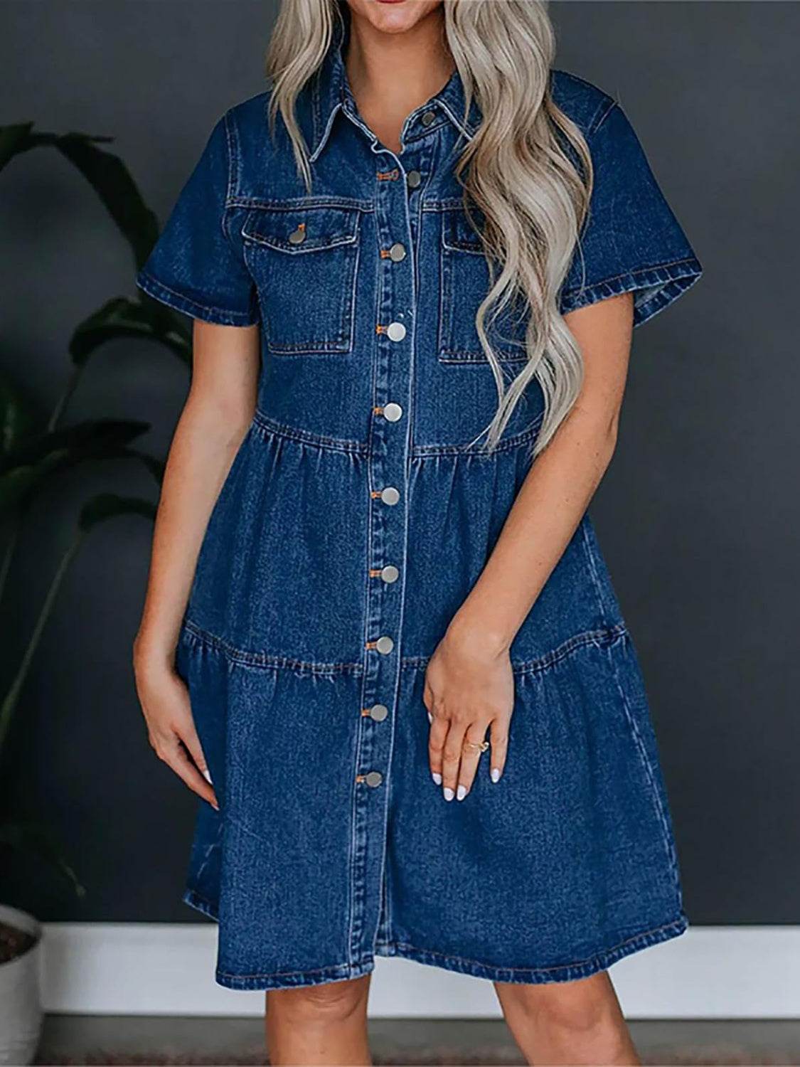 Pocketed Button Up Collared Neck Short Sleeve Denim Dress - Delanoir