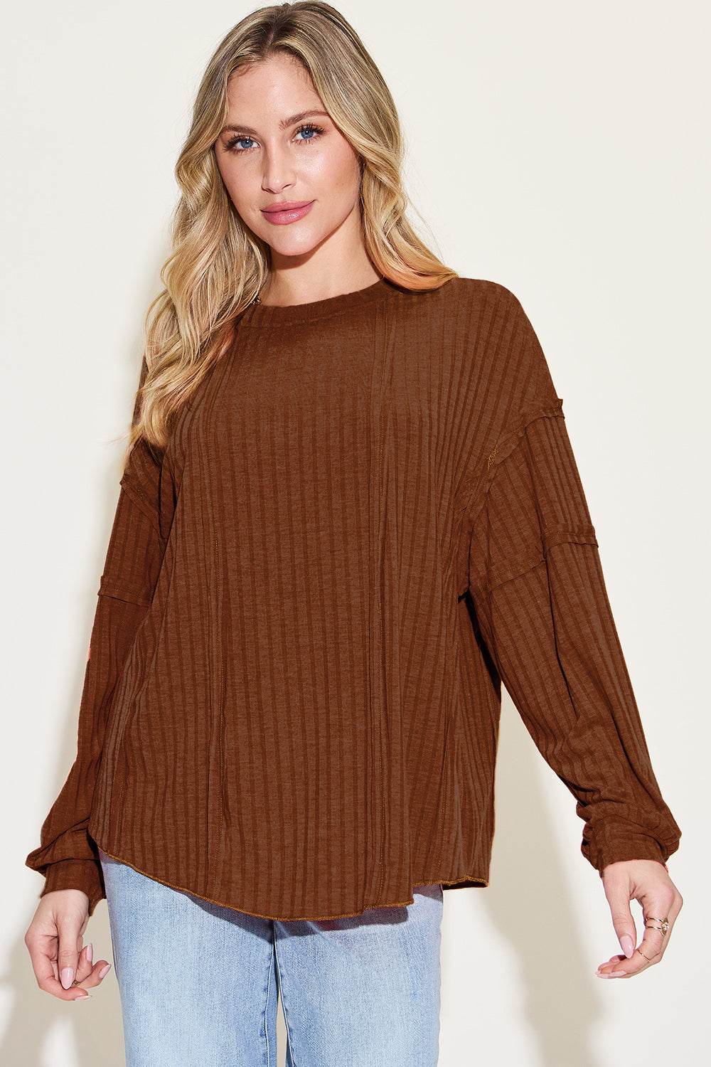 Basic Bae Full Size Ribbed Round Neck Long Sleeve T-Shirt - Delanoir