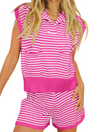Striped Cap Sleeve Top and Shorts Sweater Set - Delanoir