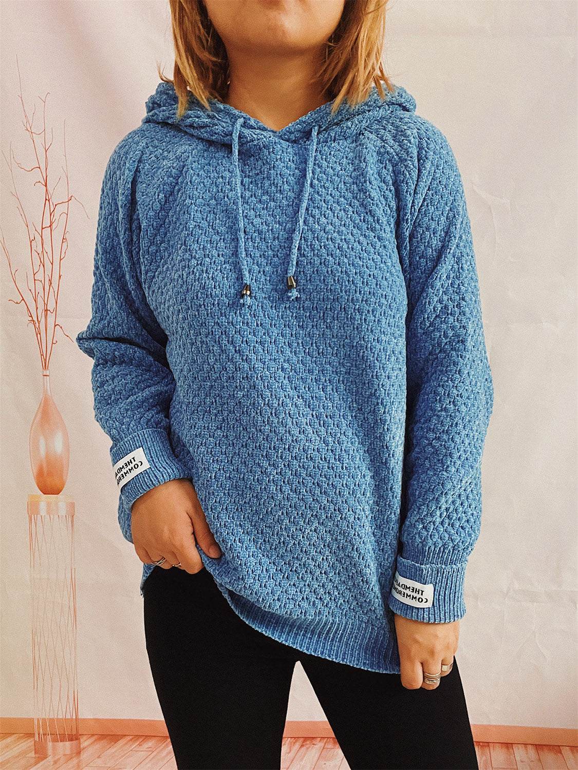 Drawstring Long Sleeve Hooded Sweater - Delanoir