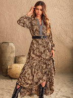 Ruched Printed Notched Long Sleeve Maxi Dress - Delanoir