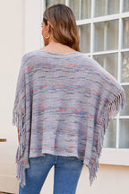 Round Neck Fringe Detail Sleeve Poncho - Delanoir