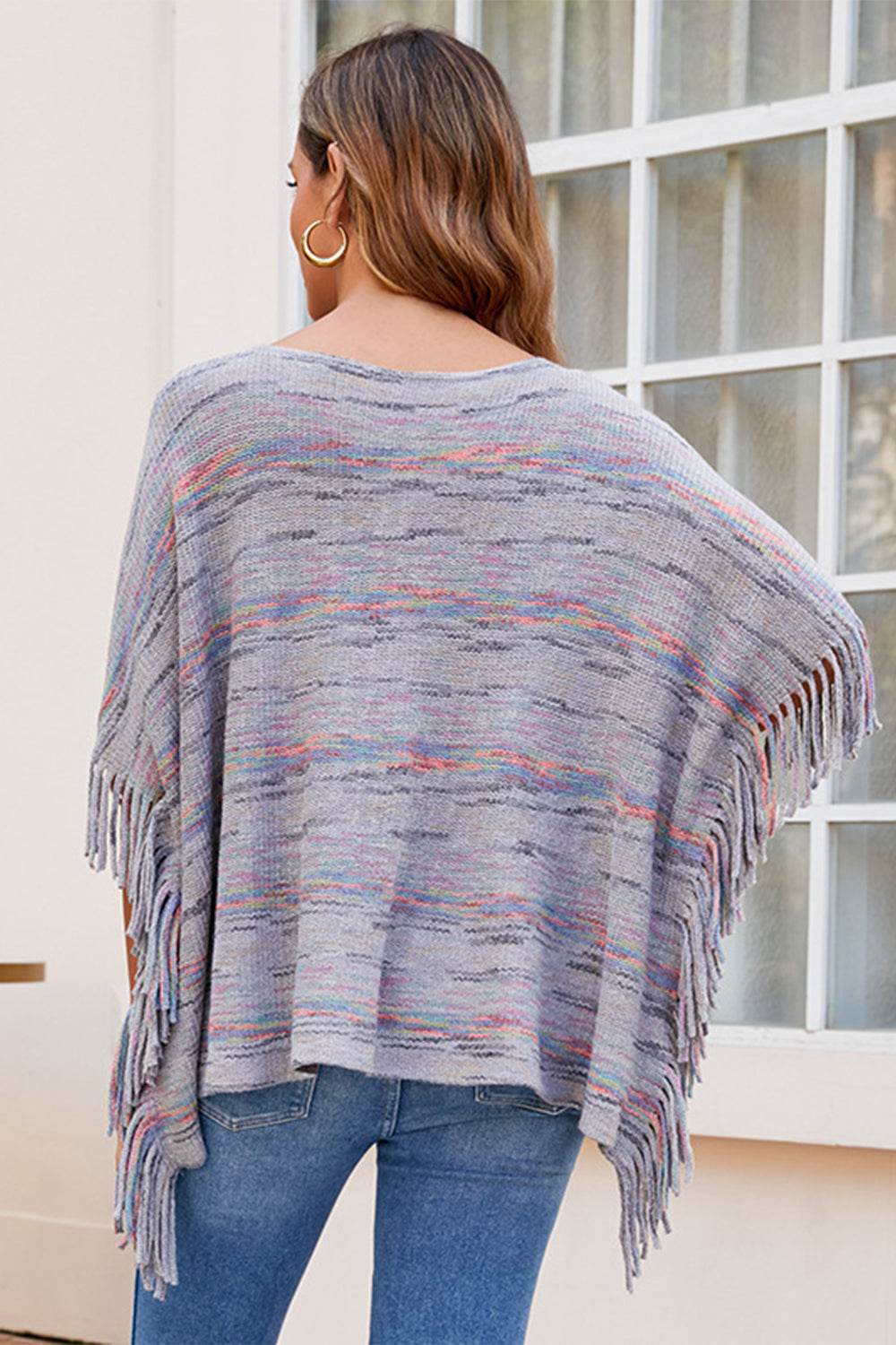 Round Neck Fringe Detail Sleeve Poncho - Delanoir