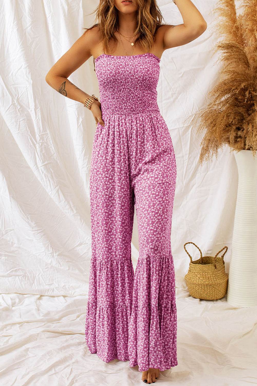 Smocked Printed Wide Strap Jumpsuit - Delanoir