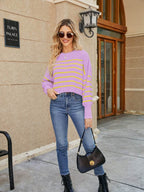 Round Neck Striped Lantern Sleeve Sweater - Delanoir