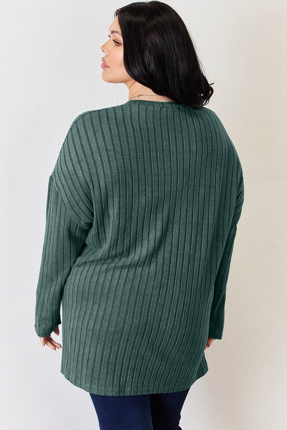 Basic Bae Full Size Ribbed Half Button Long Sleeve High-Low T-Shirt - Delanoir