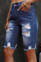 Distressed Frayed Hem Denim Bermuda Shorts - Delanoir