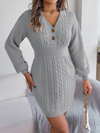 Buttoned Cable-Knit V-Neck Sweater Dress - Delanoir