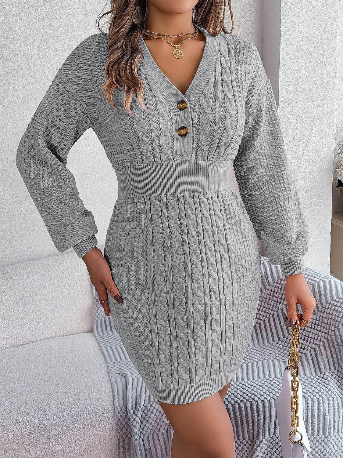 Buttoned Cable-Knit V-Neck Sweater Dress - Delanoir