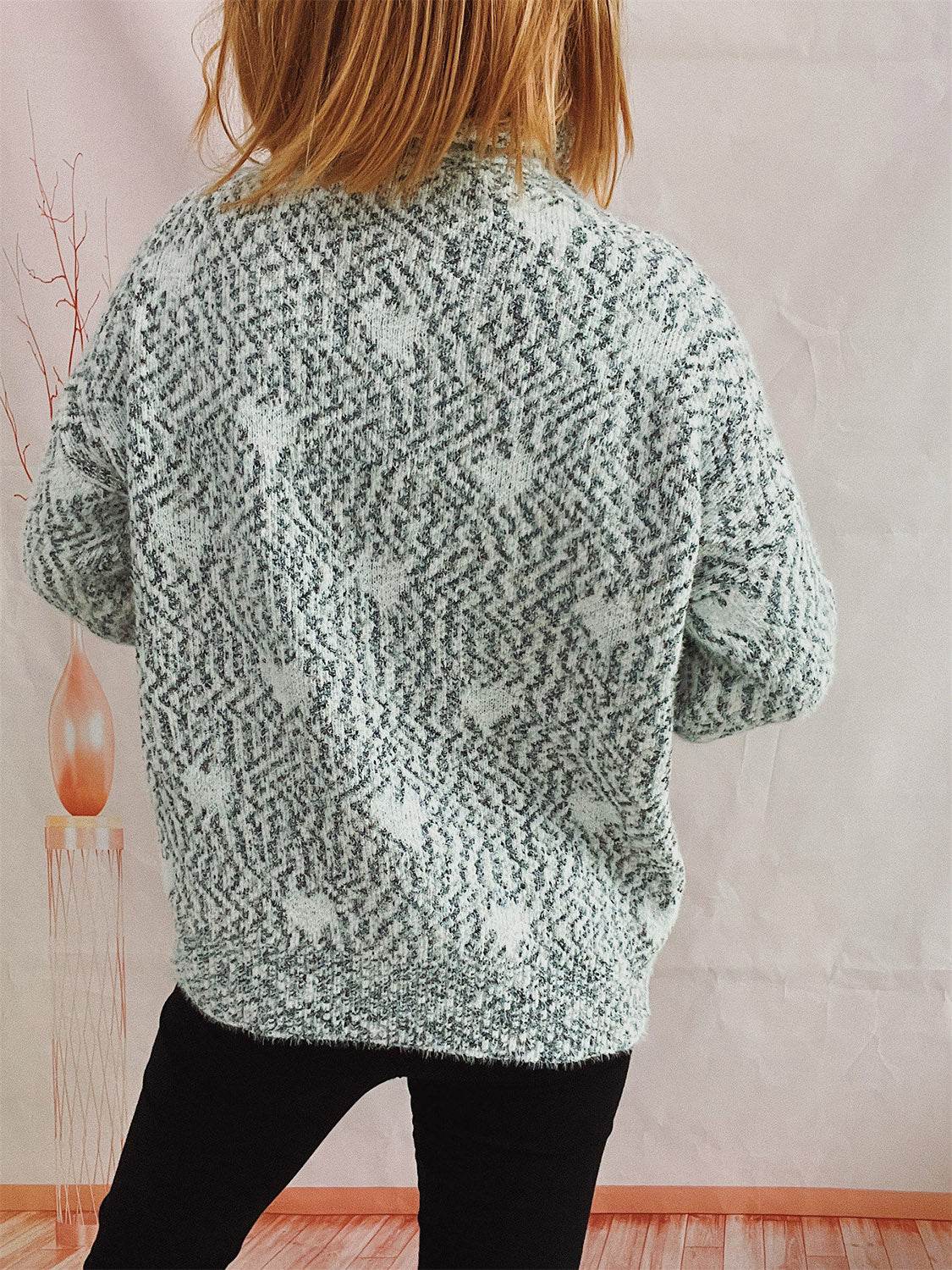 Heart Heathered Turtleneck Drop Shoulder Sweater - Delanoir