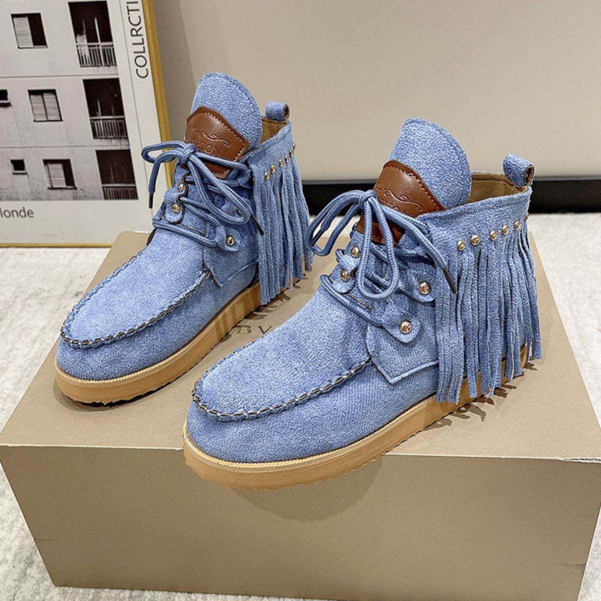 Fringe Studded Round Toe Canvas Boots - Delanoir