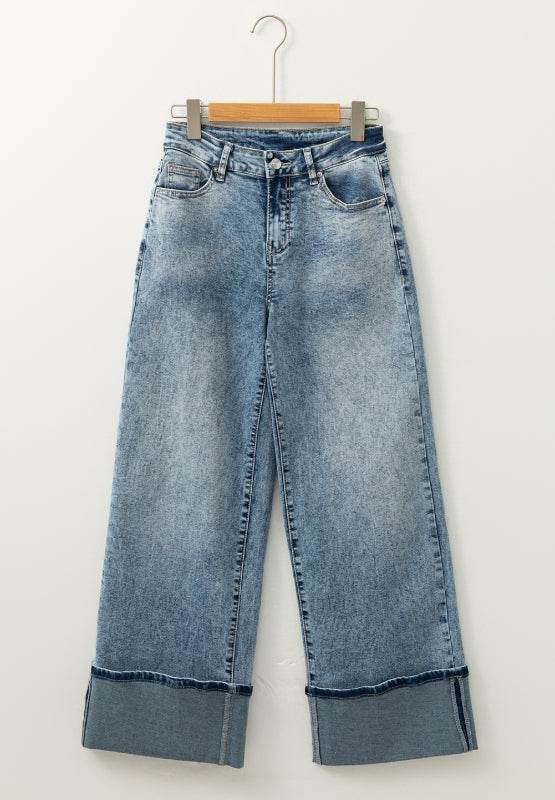 Washed Wide Leg Jeans with Pockets - Delanoir