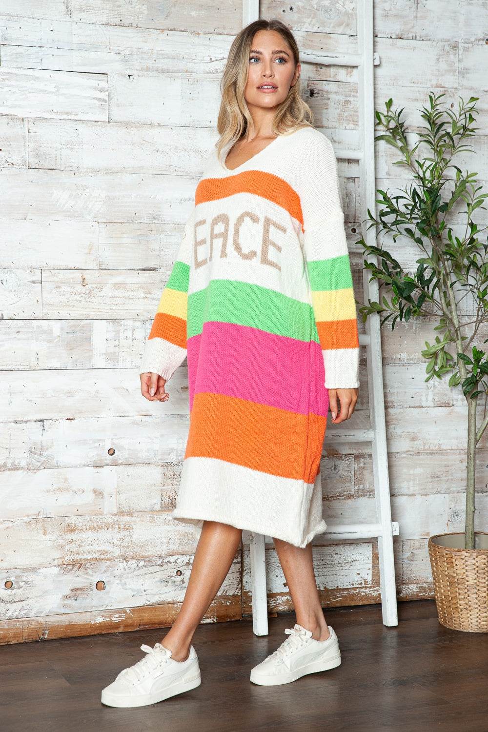 Color Block V-Neck Long Sleeve Sweater Dress - Delanoir