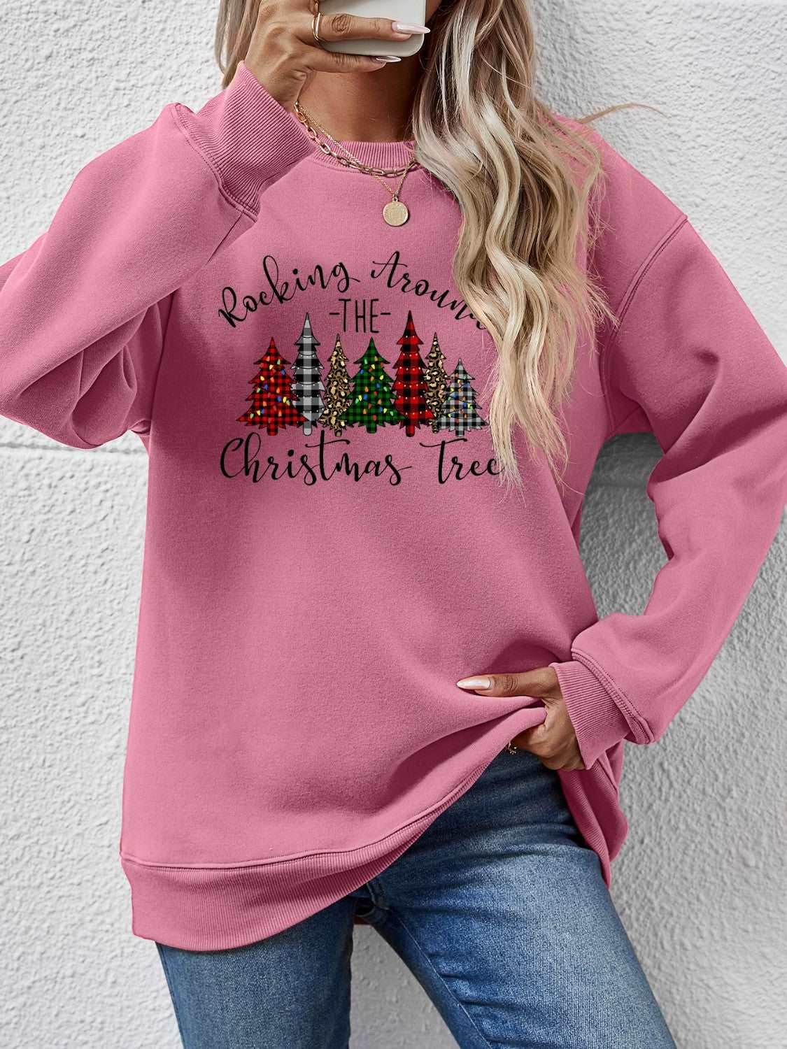 Christmas Tree Graphic Round Neck Sweatshirt - Delanoir