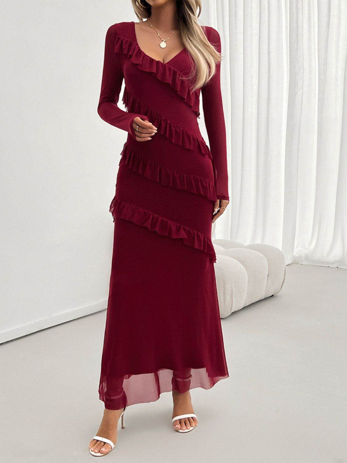 Devine Ruffled Surplice Long Sleeve Maxi Dress - Delanoir