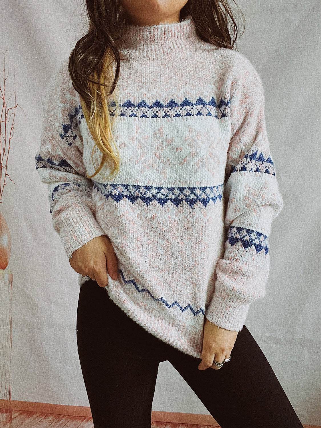 Geometric Mock Neck Dropped Shoulder Sweater - Delanoir