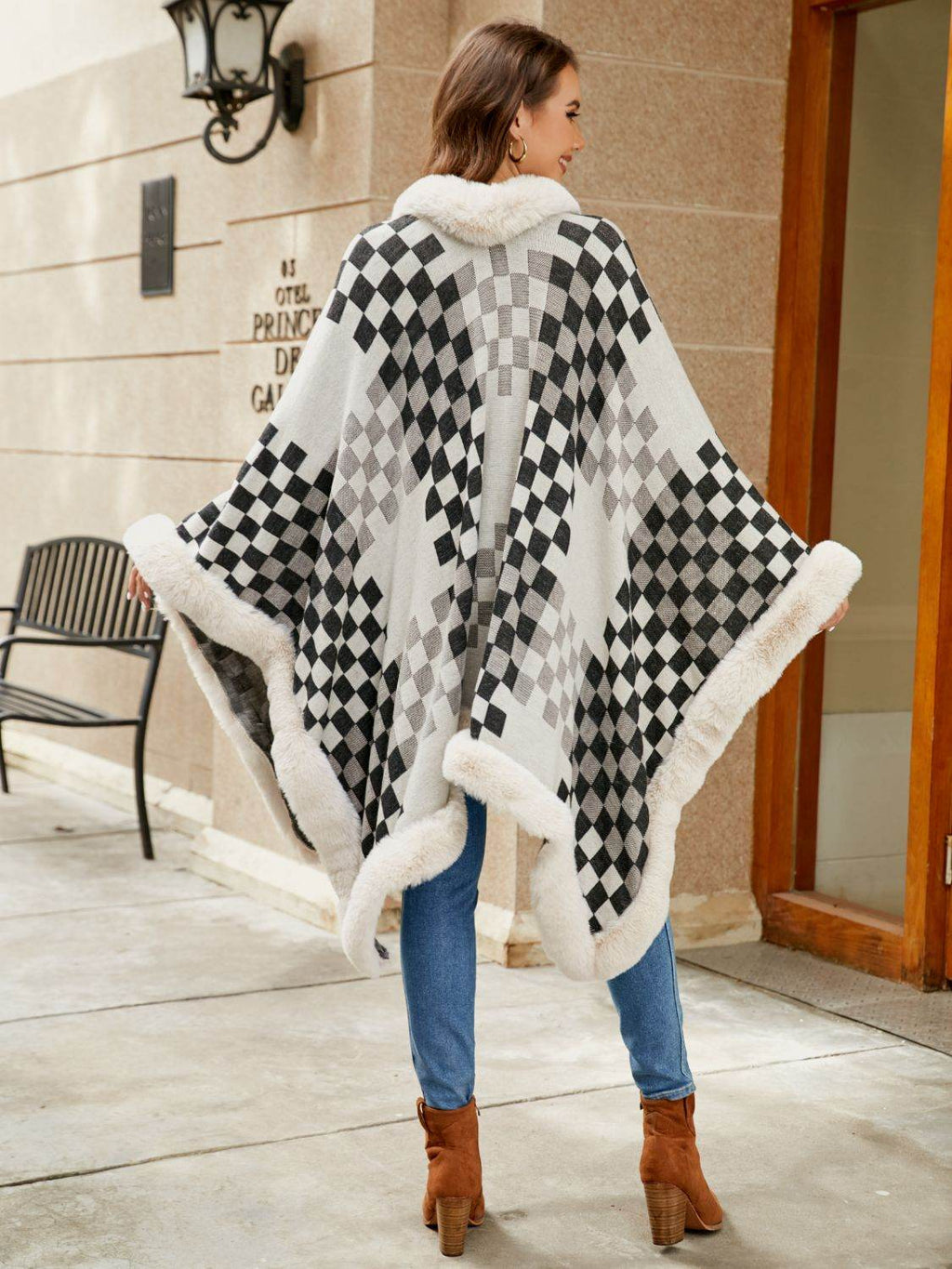 Checkered Faux Fur Trim Poncho - Delanoir