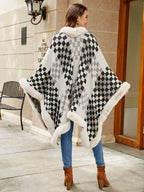 Checkered Faux Fur Trim Poncho - Delanoir
