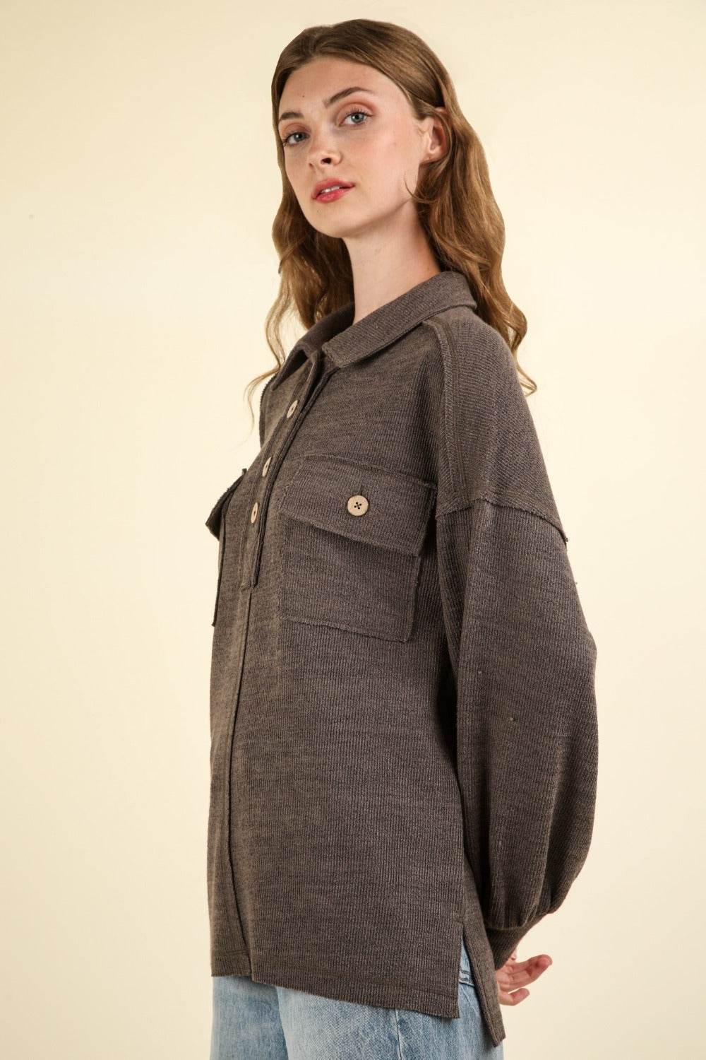 VERY J Collared Half Button Knit Top with Pockets - Delanoir