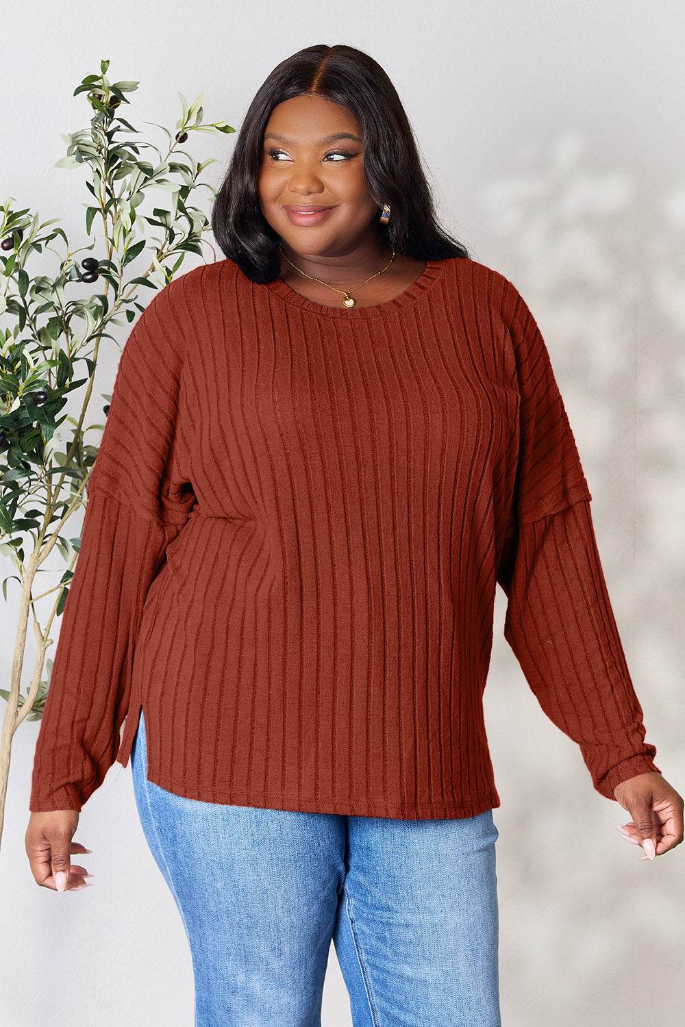 Basic Bae Full Size Ribbed Round Neck Slit Knit Top - Delanoir