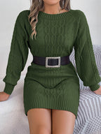 Cable-Knit Round Neck Sweater Dress - Delanoir
